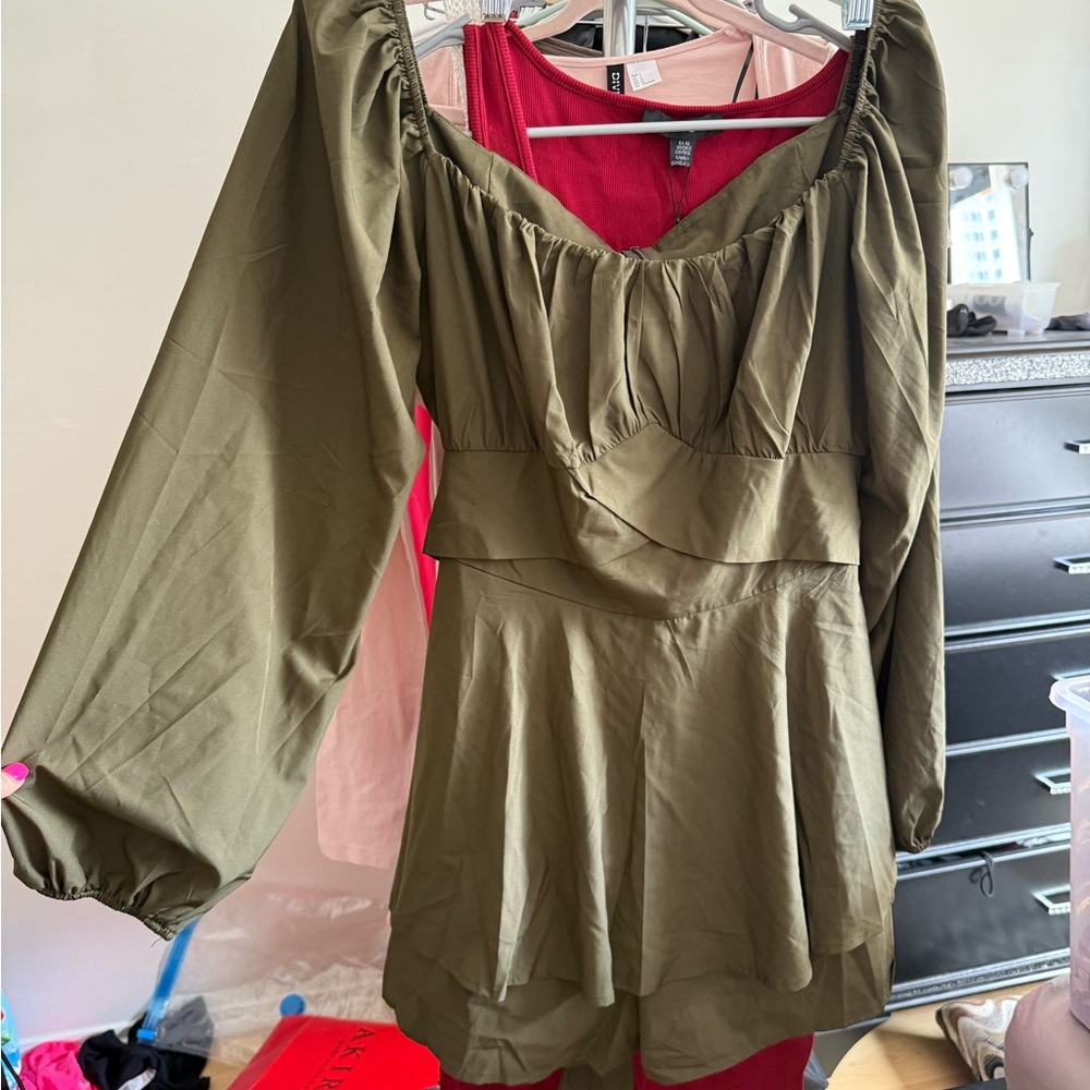 Olive Green Long Sleeve Romper Dress